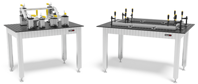 Small Siegmund welding tables with modular fixturing tools and clamps for precision metal fabrication.