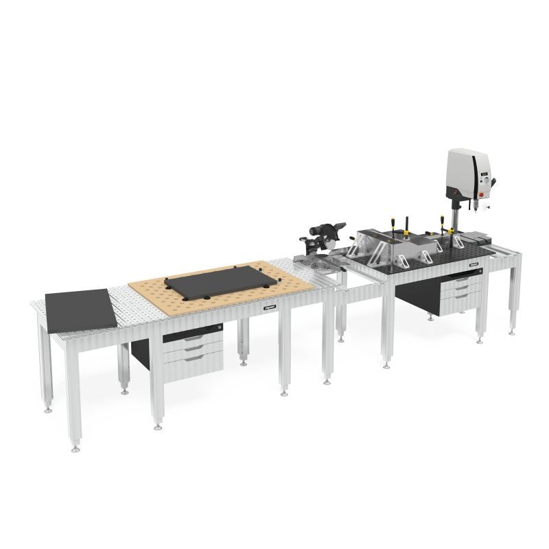 Load image into Gallery viewer, Siegmund aluminum workbenches joined in a row, with MDF insert, vise, drill press and drawer cabinets