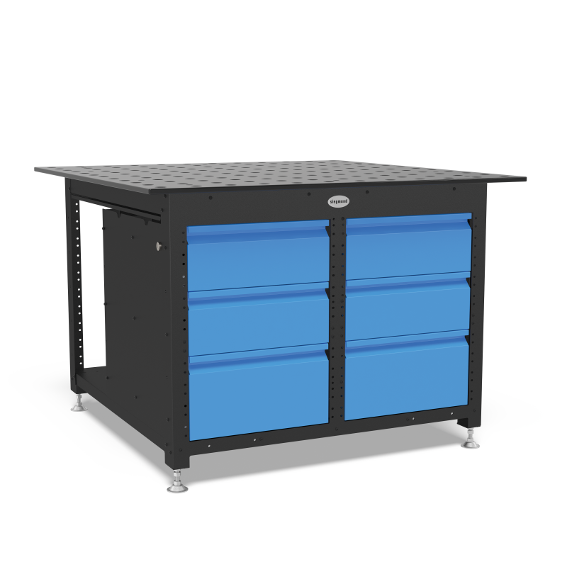 Load image into Gallery viewer, Siegmund System 28 welding workstation with perforated tabletop, integrated tool storage, blue drawers, and heavy-duty caster wheels for mobile fabrication"