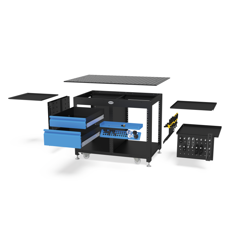 Load image into Gallery viewer, Siegmund System 28 welding workstation with perforated tabletop, integrated tool storage, blue drawers, and heavy-duty caster wheels for mobile fabrication"