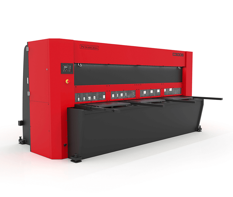 Load image into Gallery viewer, Nargesa C3006CNC CNC hydraulic shear with red frame, front sheet supports, and integrated control panel