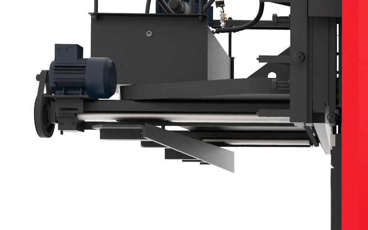 Load image into Gallery viewer, Rear view of the Nargesa C3006CNC material extraction ramp and hydraulic drive assembly