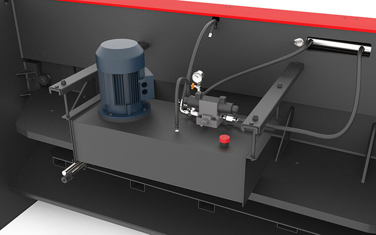 Load image into Gallery viewer, Hydraulic power unit of the Nargesa C3006CNC showing motor, pump, tank, and pressure controls