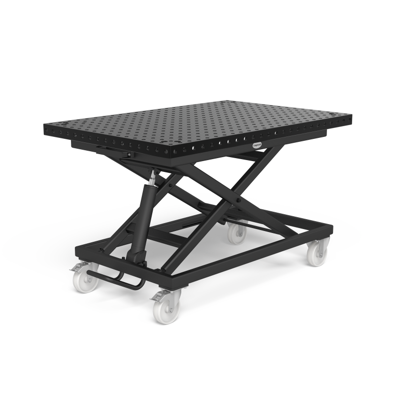 Load image into Gallery viewer, Siegmund's System 16 Mobile lifting table with a 1200x800x50 mm table top, featuring a 50 x 50 mm grid. The tabletop sits on a scissor-lift style platform, with caster wheels for mobility.