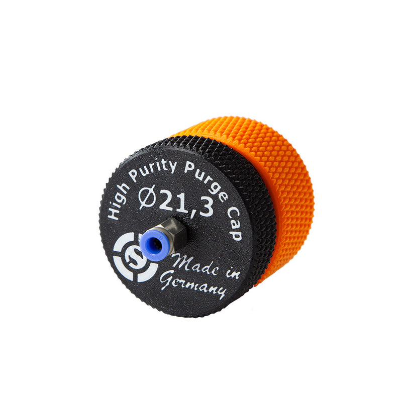 Load image into Gallery viewer, Orbital Service High Purity Purge Cap Ø21.3 mm with orange TPU air cushion and Swagelok-compatible fitting