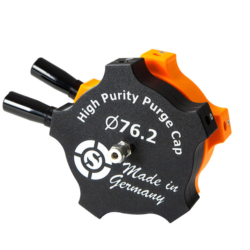 Load image into Gallery viewer, Orbital Service High Purity Purge Cap Ø76.2 mm with dual gas ports and orange TPU sealing cushions