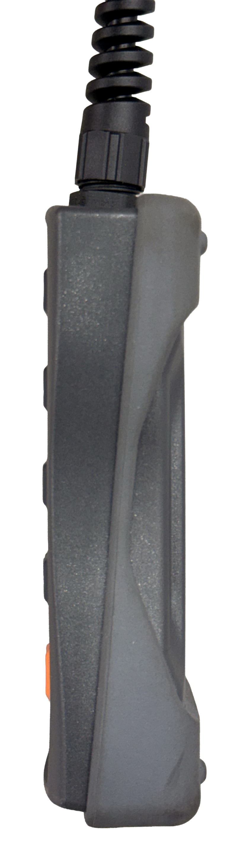 Load image into Gallery viewer, Side view of RC Plus+ handheld remote; it is sleek, and made of a black plastic, in a rectangular shape.