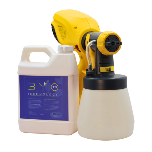 Wagner spray gun and white container with BYO Technology total shield. Slag removal