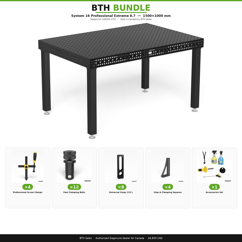 Load image into Gallery viewer, BTH Bundle: Siegmund System 16 Professional Extreme 8.7 welding table 1500x1000mm (160035.X7D) with 4 professional screw clamps, 12 fast clamping bolts, 8 universal stops, 4 stop and clamping squares, and 1 accessories set. Sold in Canada by BTH Sales.