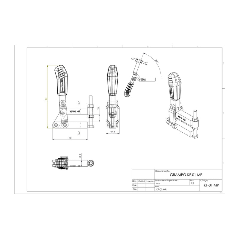 Load image into Gallery viewer, Kifix KF-01 MP clamp dimension drawing with side, top and 3D views in mm