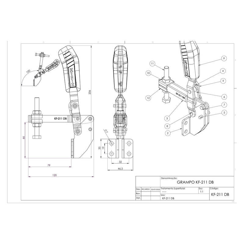 Load image into Gallery viewer, Kifix KF-211 DB vertical toggle clamp dimension drawing with side, top and 3D views in mm