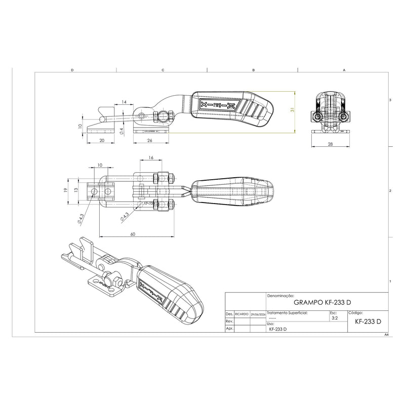 Load image into Gallery viewer, Kifix KF-233 D pull-action latch clamp dimension drawing with side, top and 3D views in mm