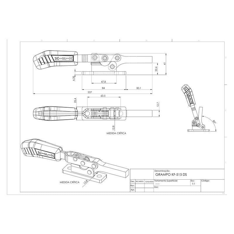 Load image into Gallery viewer, Kifix KF-515 DS horizontal toggle clamp dimension drawing with side, top and 3D views in mm