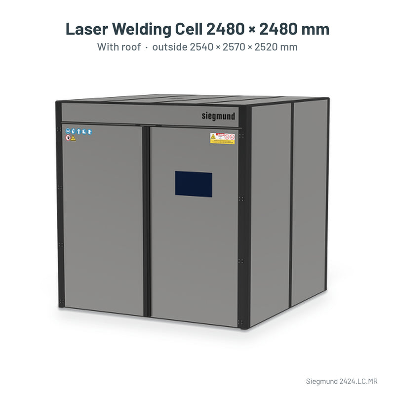 Load image into Gallery viewer, Siegmund laser welding cell 2480 x 2480 mm with roof, labelled with outside size 2540 x 2570 x 2520 mm (Siegmund 3D render)