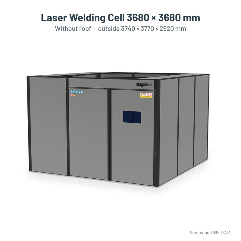 Load image into Gallery viewer, Siegmund laser welding cell 3680 x 3680 mm without roof, labelled with outside size 3740 x 3770 x 2520 mm (Siegmund 3D render)