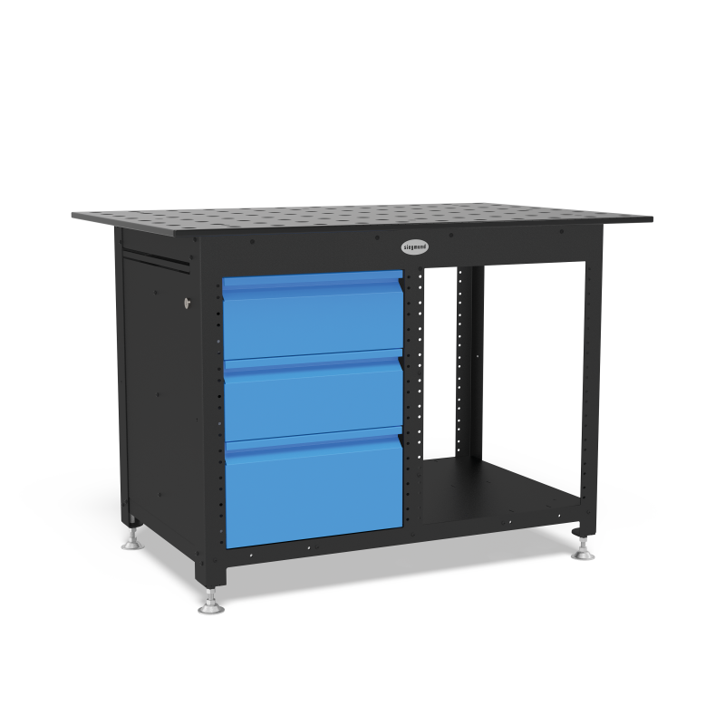 Load image into Gallery viewer, Siegmund System 28 welding workstation with perforated tabletop, integrated tool storage, blue drawers, and heavy-duty caster wheels for mobile fabrication"