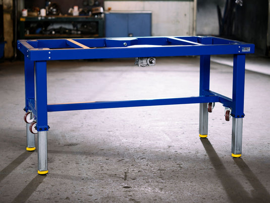 PETec height-adjustable welding table frame with four legs and casters