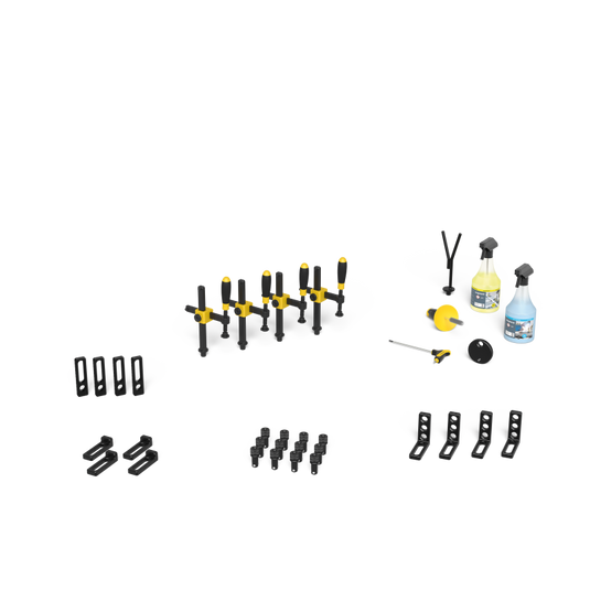 Siegmund System 16 Set 1 (4-163100) – complete set overview: clamps, bolts, stops and squares