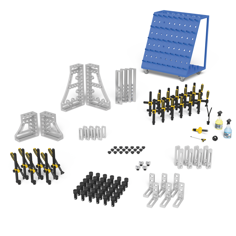 Load image into Gallery viewer, Siegmund System 28 Set 3 Aluminum (2-283300.A) – complete set overview: clamps, bolts, stops and squares
