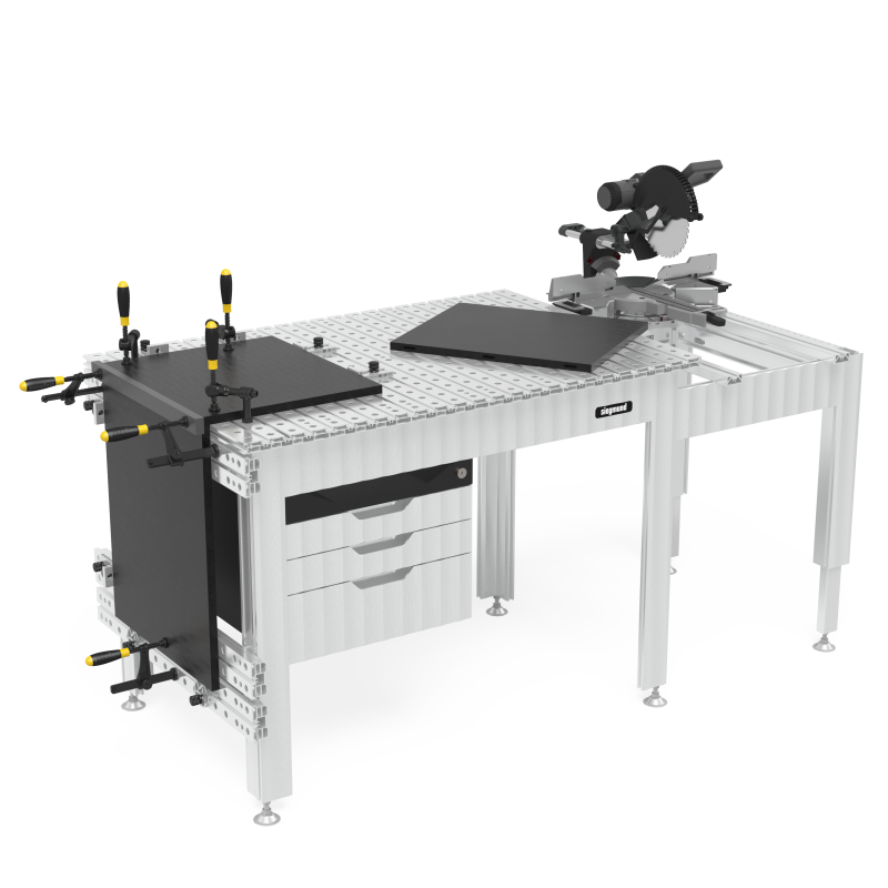 Load image into Gallery viewer, Siegmund aluminum workbench with miter saw on a side extension, drawer cabinet, and clamps holding flat plates
