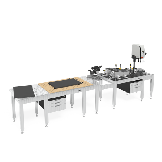 Siegmund aluminum workbenches joined in a row, with MDF insert, vise, drill press and drawer cabinets