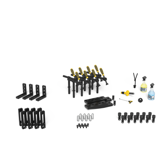 Siegmund System 28 Basic Set 2 (4-281300) – complete set overview: clamps, bolts, stops and squares