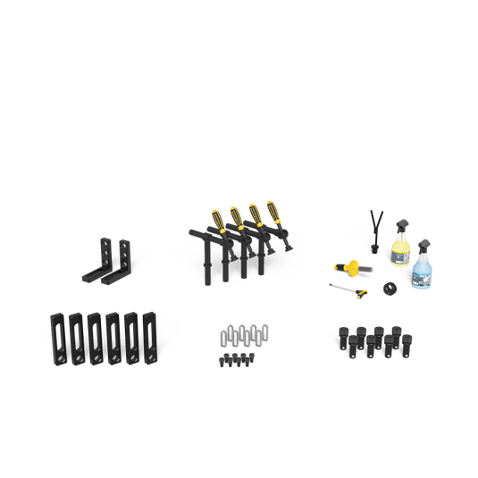 Siegmund System 28 Basic Set 1 (4-281200) – complete set overview: clamps, bolts, stops and squares