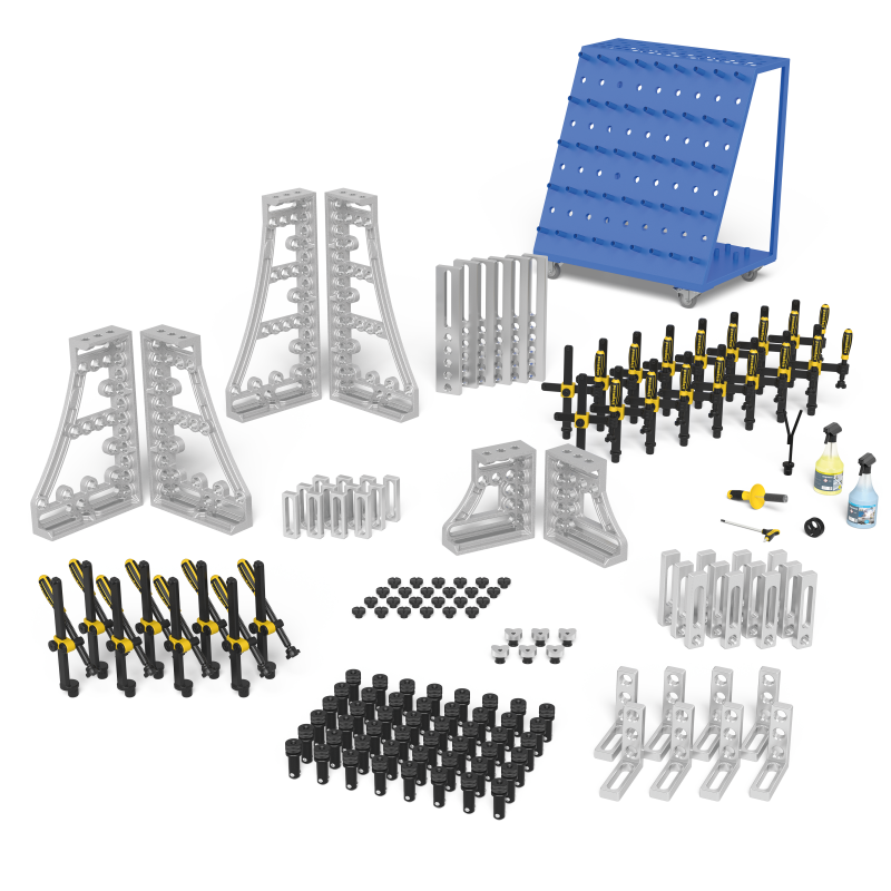 Load image into Gallery viewer, Siegmund System 28 Set 4 Aluminum (2-283400.A) – complete set overview: clamps, bolts, stops and squares
