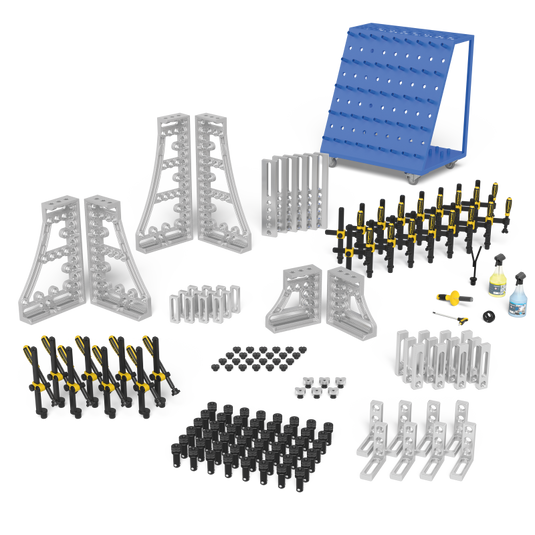 Siegmund System 28 Set 4 Aluminum (2-283400.A) – complete set overview: clamps, bolts, stops and squares