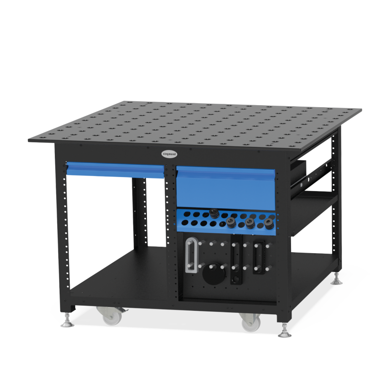 Load image into Gallery viewer, Siegmund System 28 welding workstation with perforated tabletop, integrated tool storage, blue drawers, and heavy-duty caster wheels for mobile fabrication&quot;

