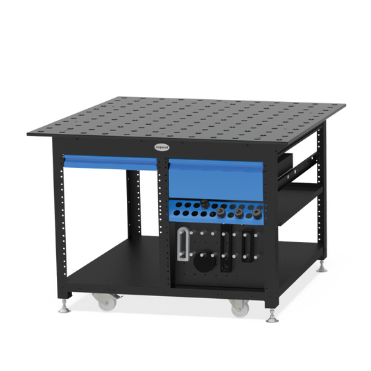 Siegmund System 28 welding workstation with perforated tabletop, integrated tool storage, blue drawers, and heavy-duty caster wheels for mobile fabrication"