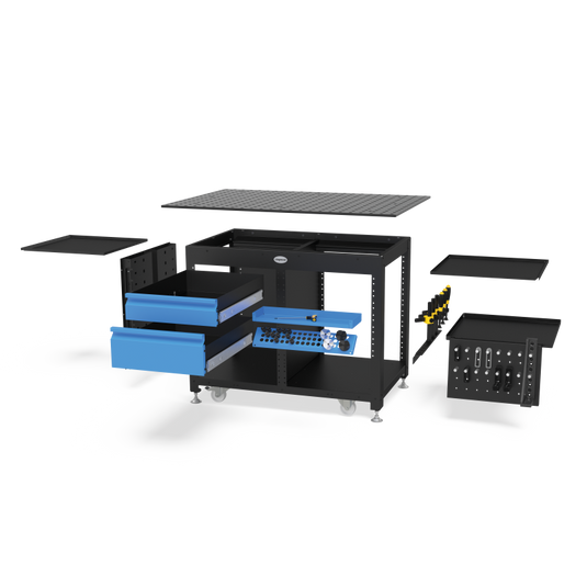 Siegmund System 28 welding workstation with perforated tabletop, integrated tool storage, blue drawers, and heavy-duty caster wheels for mobile fabrication"