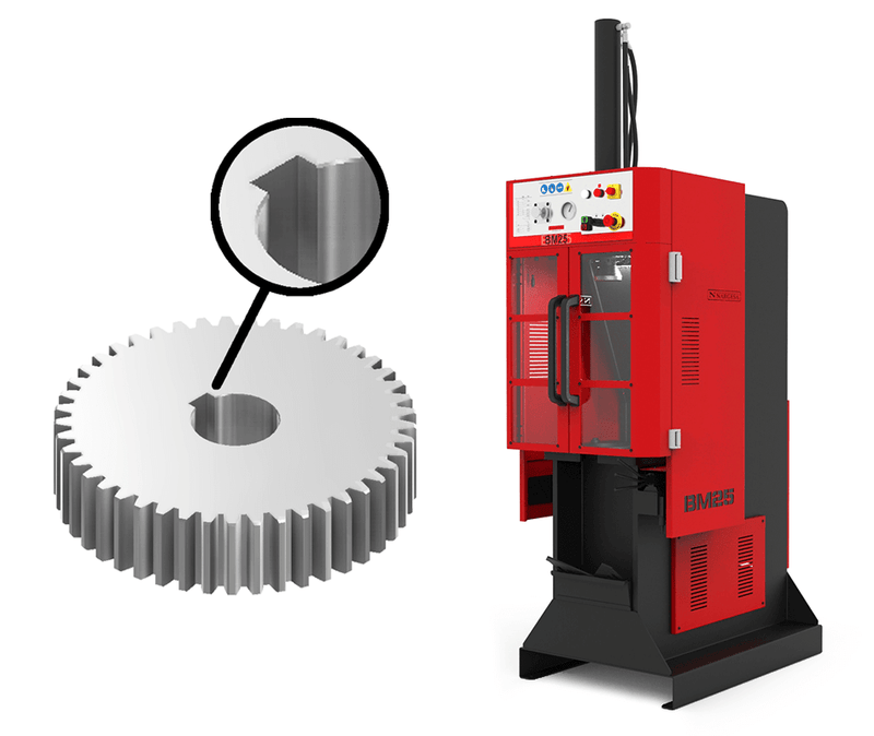 Load image into Gallery viewer, Nargesa BM25 vertical hydraulic broaching machine with red frame and close-up of internal keyway cut in a gear

