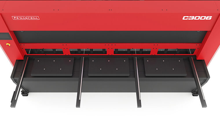 Load image into Gallery viewer, Top view of the Nargesa C3006CNC worktable showing three front support arms and the cutting beam
