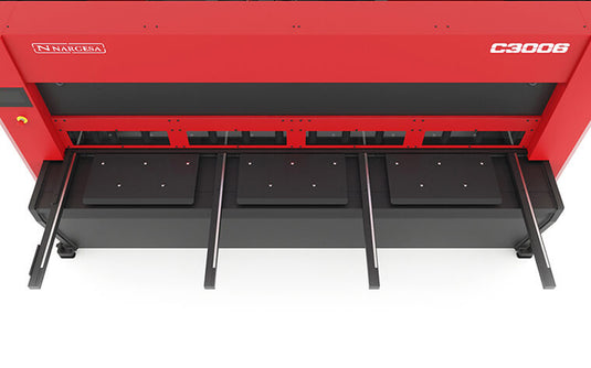 Top view of the Nargesa C3006CNC worktable showing three front support arms and the cutting beam