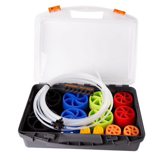 WiDü7 Swirl Nozzle Kit with colour-coded purge plugs, tubing and carrying case for orbital TIG welding
