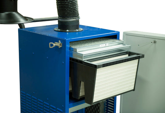 Hinged maintenance door on GEF Weld Kube showing access to spark arrestor, synthetic pre-filter, and H13 pocket filter