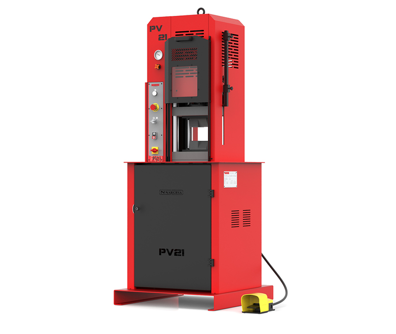 Load image into Gallery viewer, Nargesa PV21 hydraulic hot forging press with red frame and four-column vertical design

