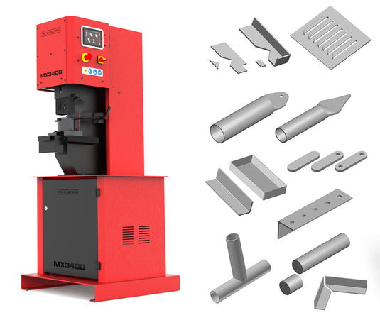 Nargesa MX340G CNC Hydraulic Punching Machine with 40-ton capacity shown alongside sample punched, bent, and formed metal components