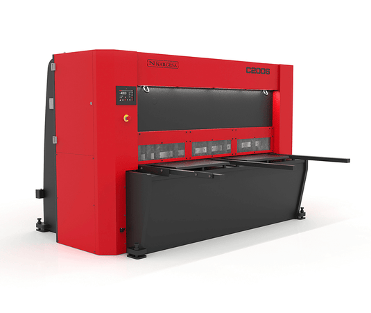 Nargesa C2006CNC CNC hydraulic shear with red frame, front supports, and integrated control panel