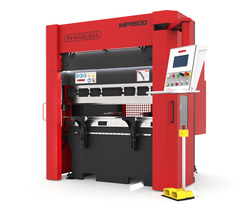 Load image into Gallery viewer, Nargesa MP1500CNC hydraulic press brake with red frame, ESA control pendant, and yellow foot pedal

