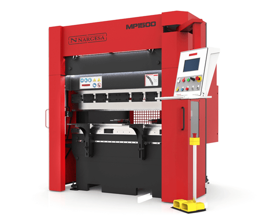 Nargesa MP1500CNC hydraulic press brake with red frame, ESA control pendant, and yellow foot pedal