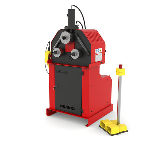 Nargesa MC200H hydraulic section and pipe bending machine with dual motorized rollers, red and black frame, and yellow foot pedal control