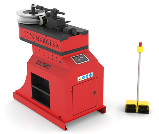 Nargesa CC90 CNC Non-Mandrel Rotary Pipe Bender with red industrial frame, touchscreen control panel, and foot pedal