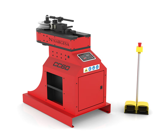 Nargesa CC60 CNC Non-Mandrel Pipe Bender with red industrial frame, touchscreen control, and foot pedal