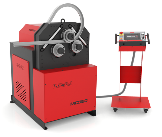 Nargesa MC550 section and tube bending machine with three traction rollers, red and black frame, and ESA control pendant