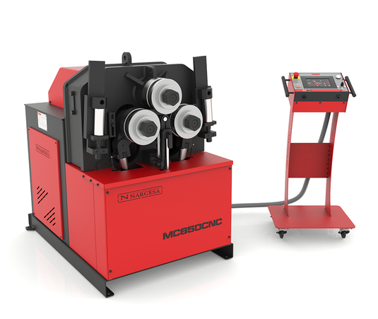 Nargesa MC650CNC CNC section and pipe bending machine with three powered rollers, red and black frame, and control pendant