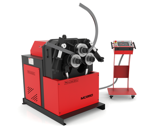 Nargesa MC650 section and tube bending machine with three traction rollers, red and black frame, and control pendant