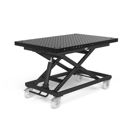 Siegmund's System 16 Mobile lifting table with a 1200x800x50 mm table top, featuring a 50 x 50 mm grid. The tabletop sits on a scissor-lift style platform, with caster wheels for mobility. 