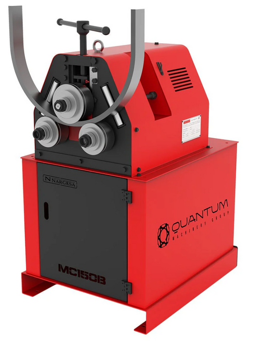 Nargesa MC150B industrial section and pipe roll bender with dual motorized lower rollers and hydraulic upper roller in red and black finish